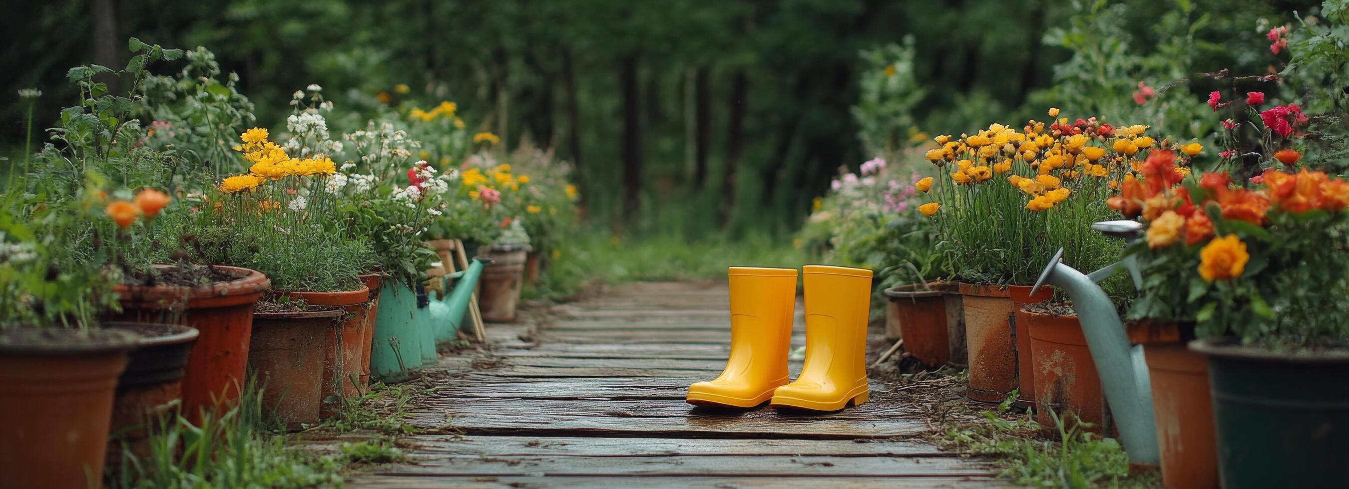 Bright yellow boots on a wooden path surrounded by blooming flowers in a vibrant garden photo