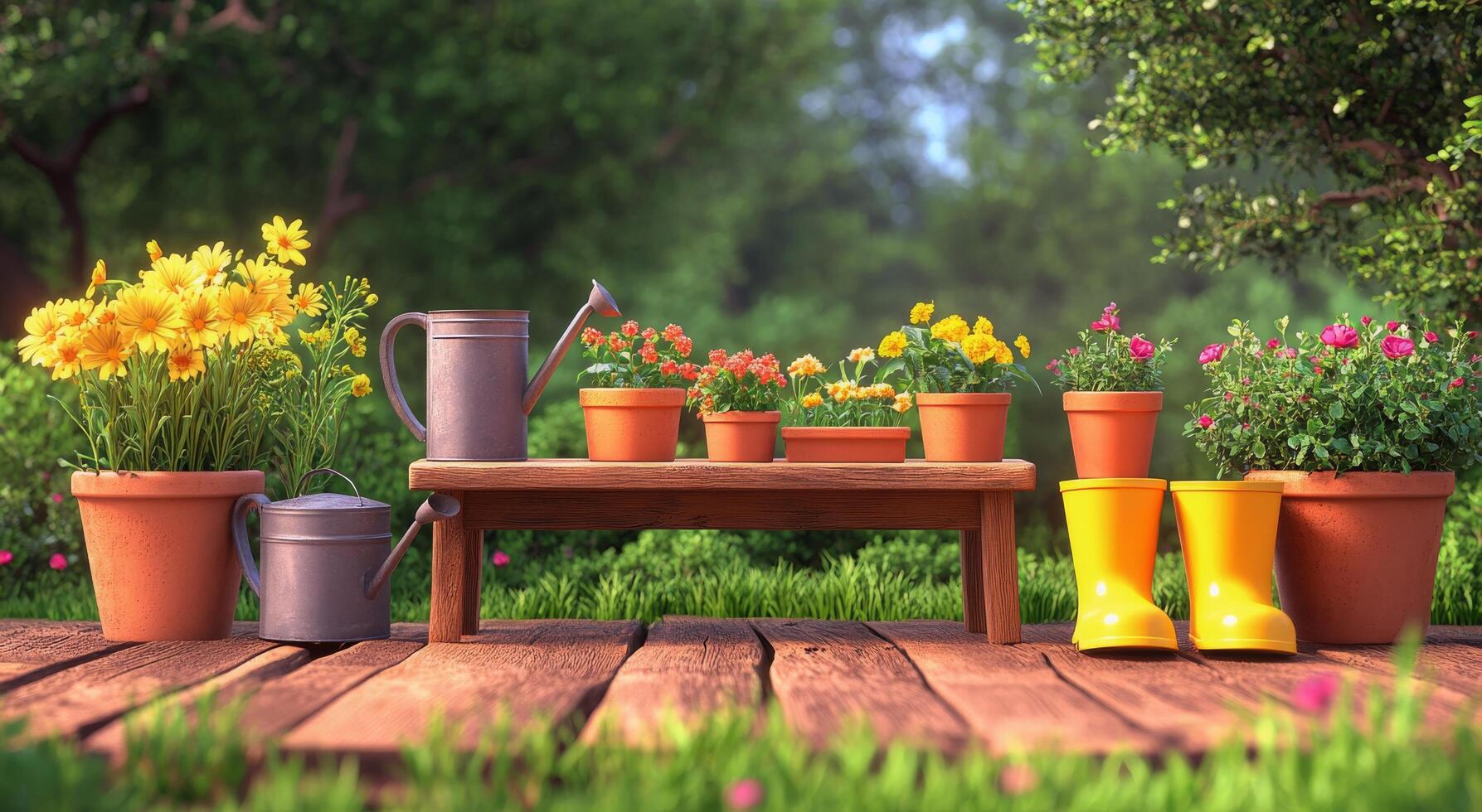 Colorful flower pots arranged on a wooden bench in a garden during a sunny day in spring photo