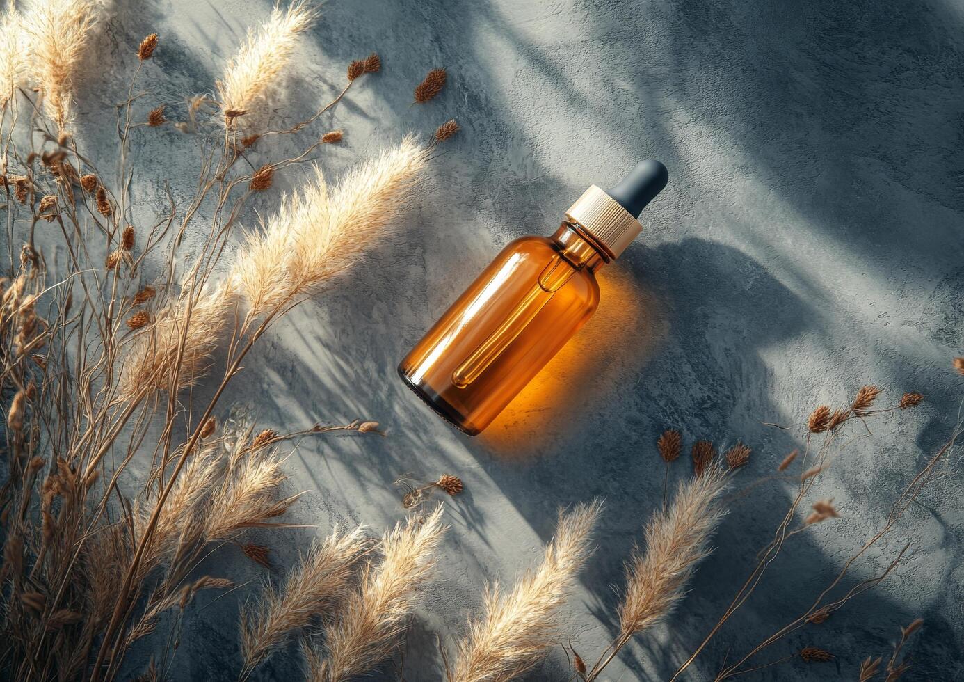 Glass bottle resting on a textured surface surrounded by dried plants in natural lighting photo