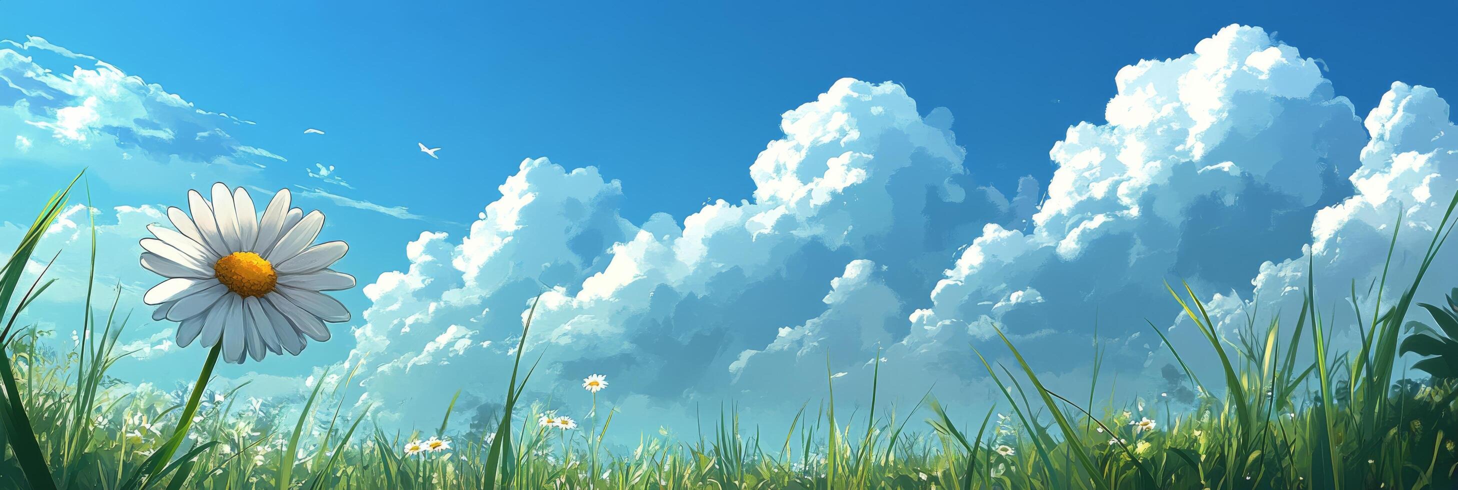 A vibrant daisy in a lush green field under a clear blue sky with fluffy clouds during daylight photo