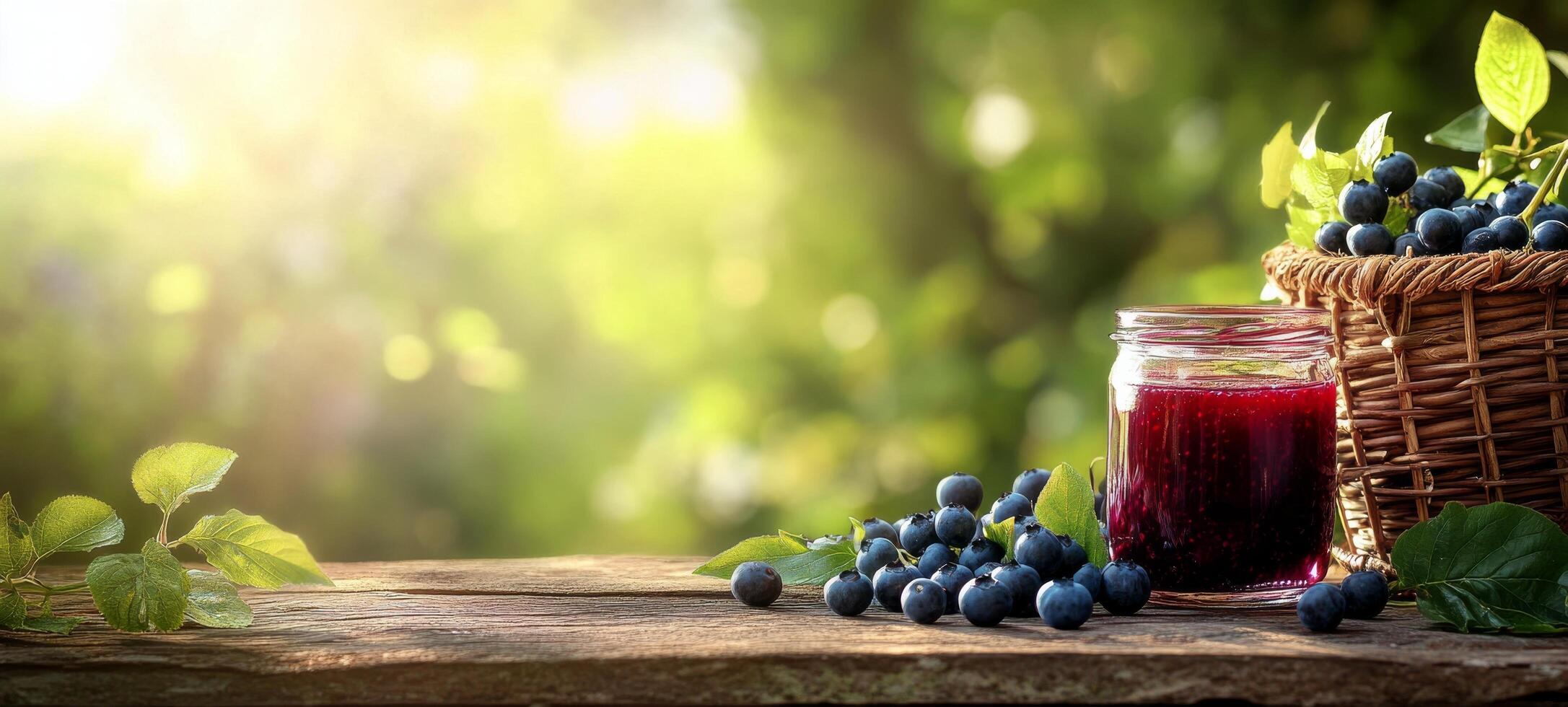 Sunset view of a basket filled with fresh grapes and a glass of grape juice on a wooden table photo