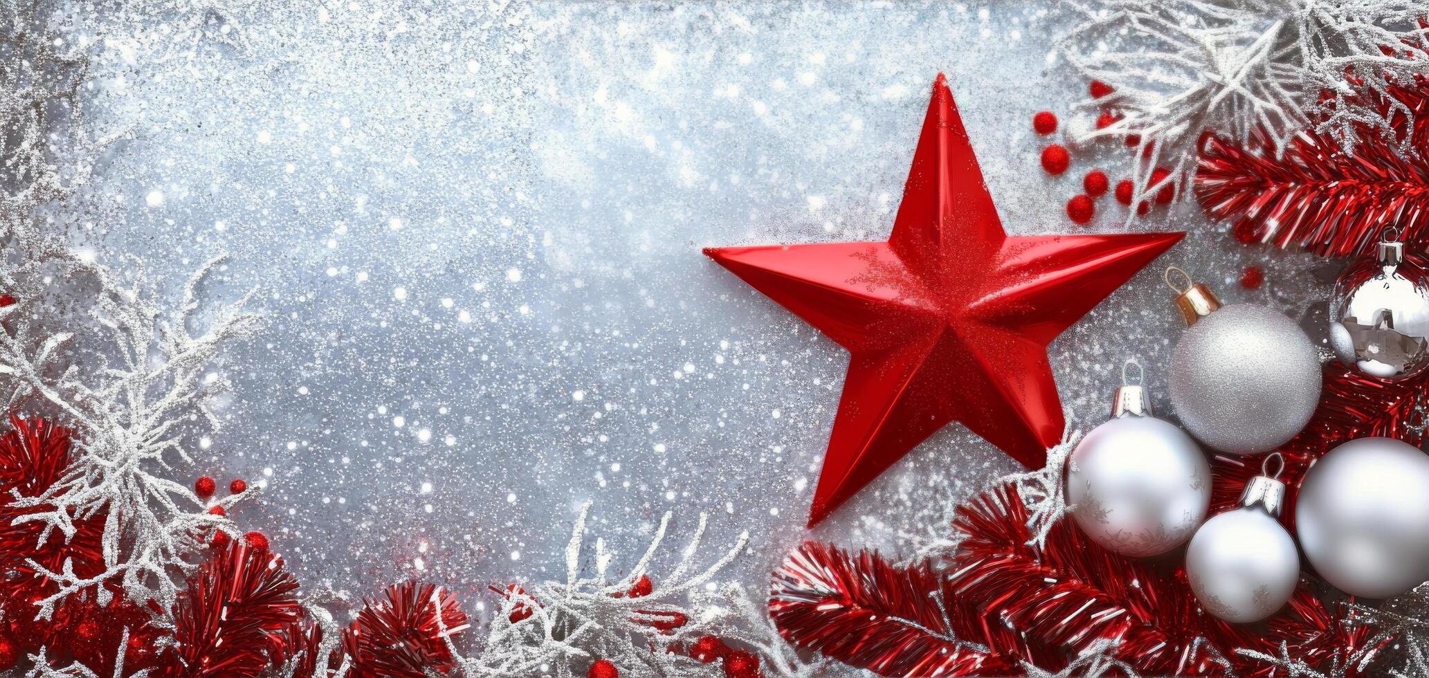 Shiny red star ornament and silver ball surrounded by festive decorations for the holiday season photo