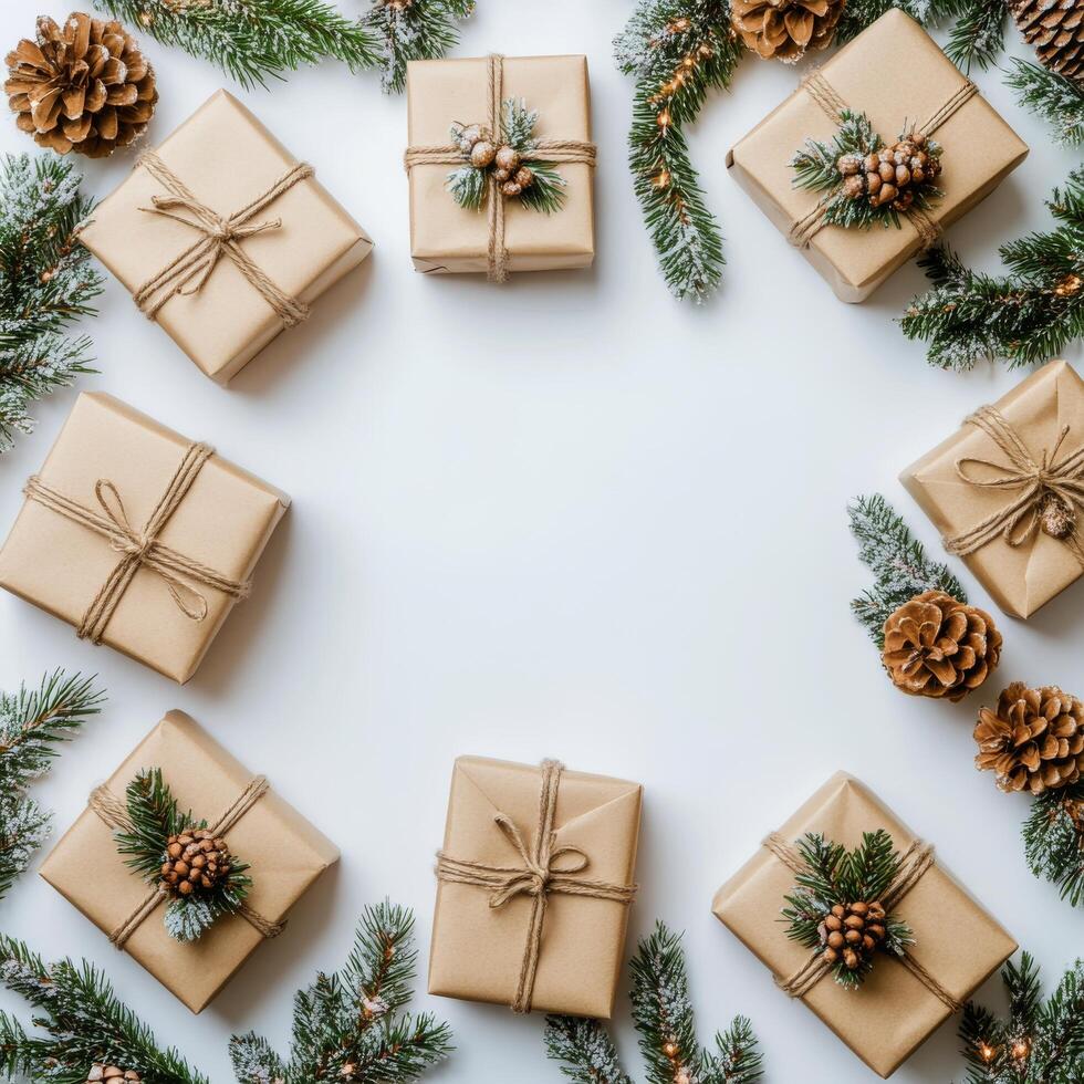 Wrapped holiday gifts arranged in a circular pattern surrounded by pine branches and cones photo