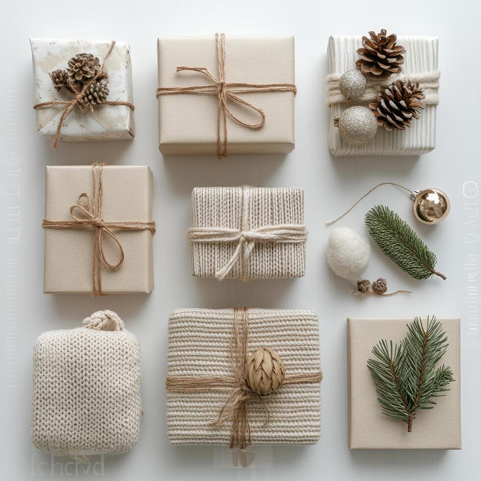 Wrapped holiday gifts arranged in a circular pattern surrounded by pine branches and cones photo