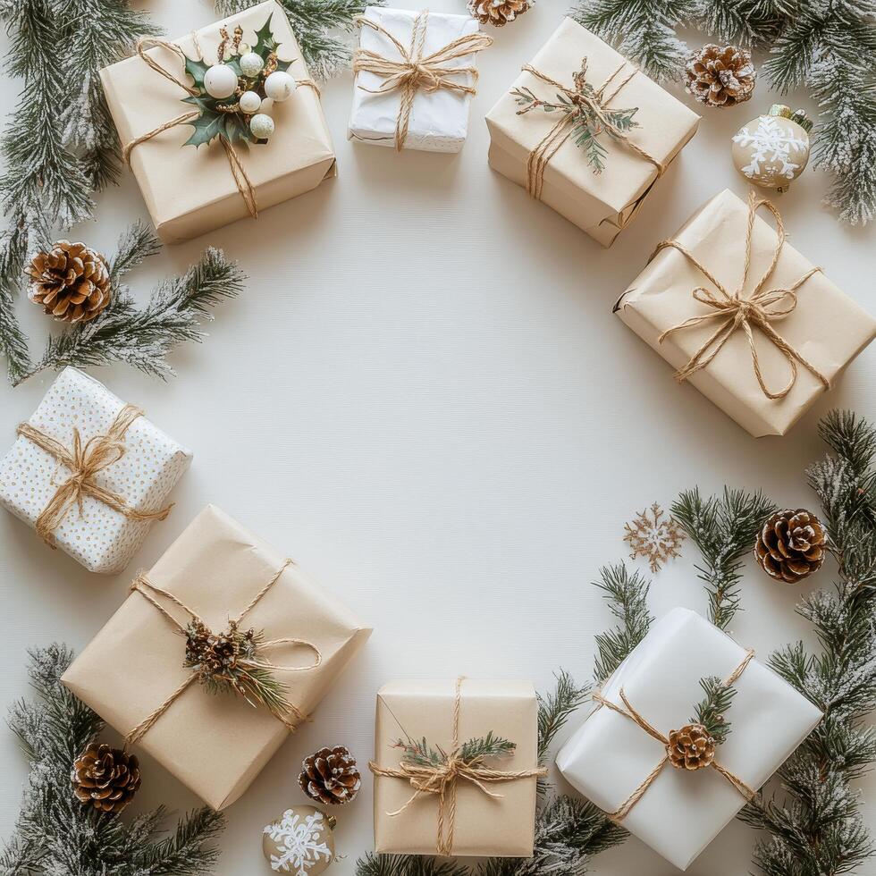 Wrapped holiday gifts arranged in a circular pattern surrounded by pine branches and cones photo