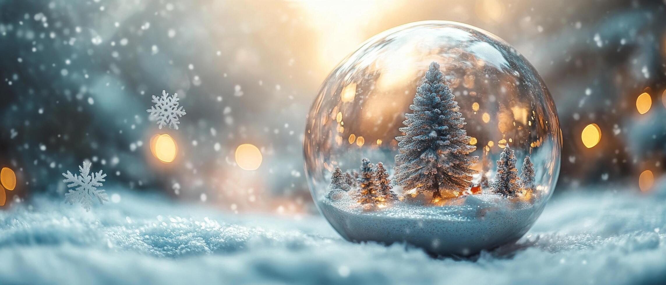 A snowy scene featuring a Christmas tree inside a glass globe with a soft warm glow photo