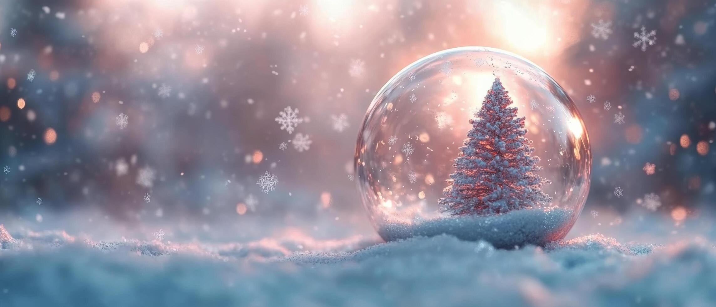 A snowy scene featuring a Christmas tree inside a glass globe with a soft warm glow photo