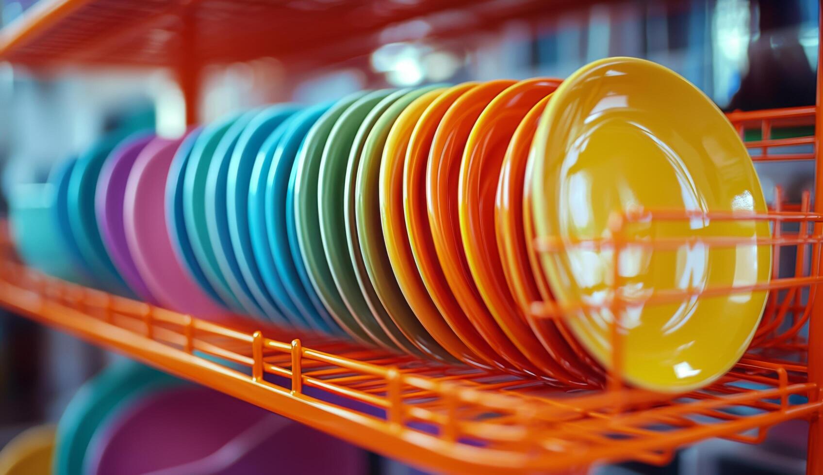 Colorful bowls stacked neatly on an orange shelf in a bright kitchen setting photo