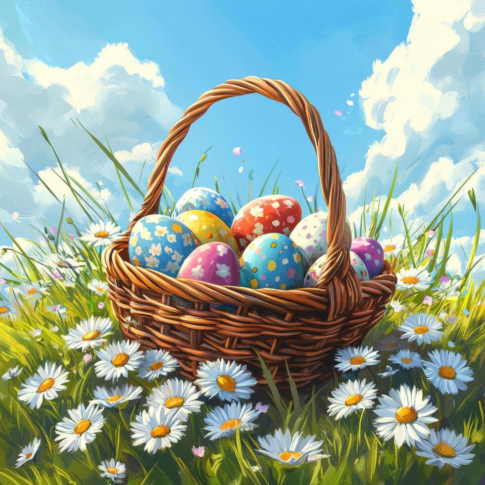 A colorful basket of decorative eggs rests on a meadow filled with daisies under a bright sky photo