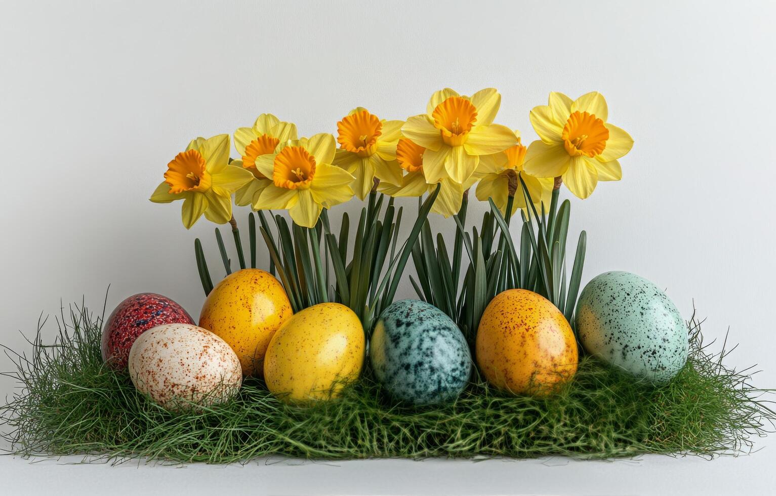 Colorful Easter eggs with daffodils arranged on a grassy surface for a festive spring celebration photo
