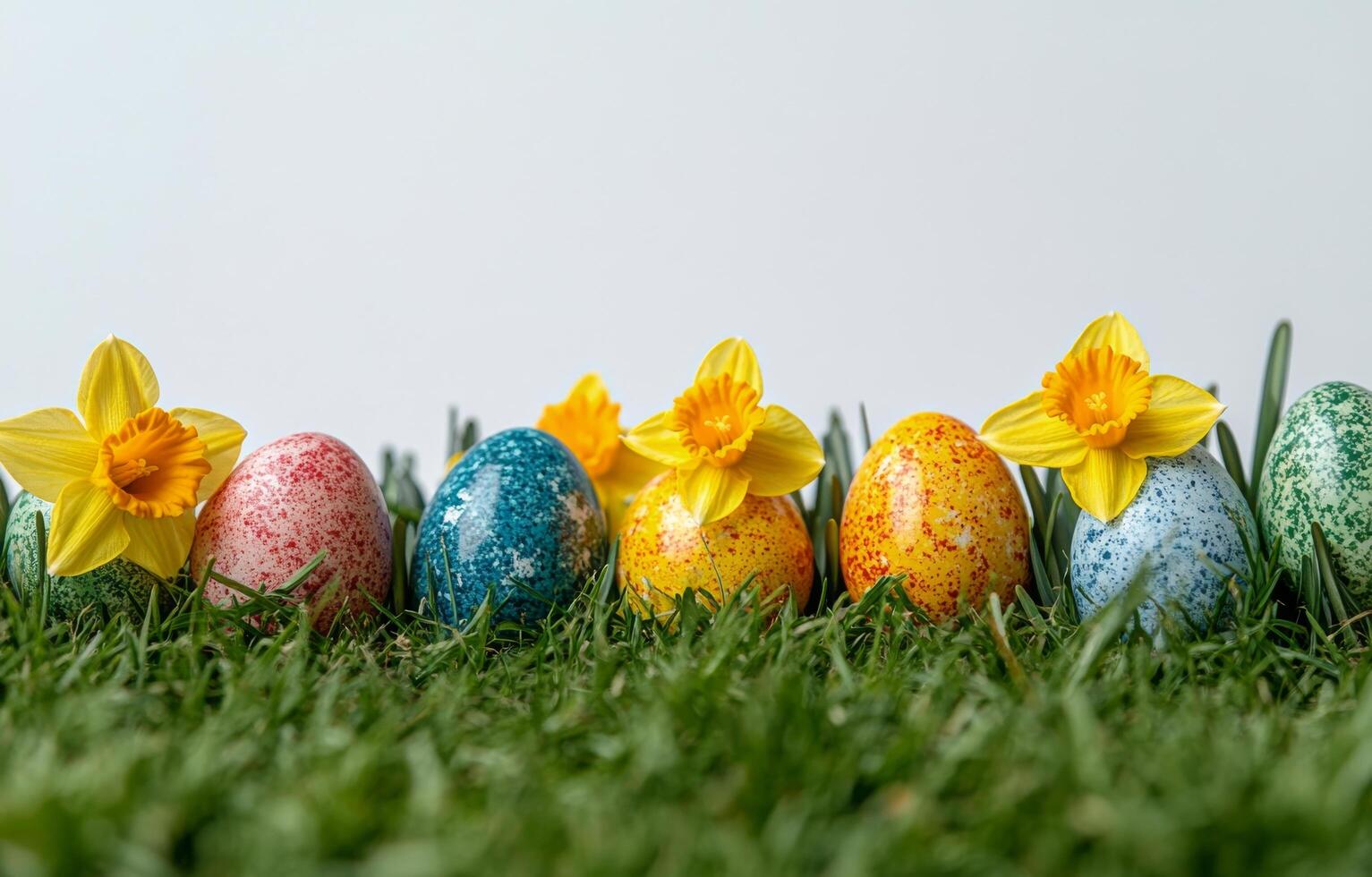 Colorful Easter eggs with daffodils arranged on a grassy surface for a festive spring celebration photo