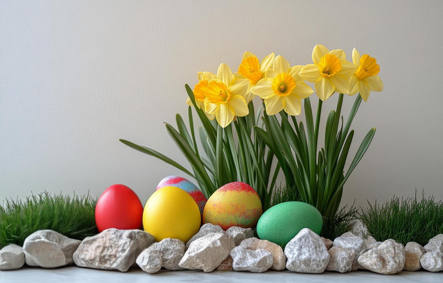 Colorful Easter eggs with daffodils arranged on a grassy surface for a festive spring celebration photo
