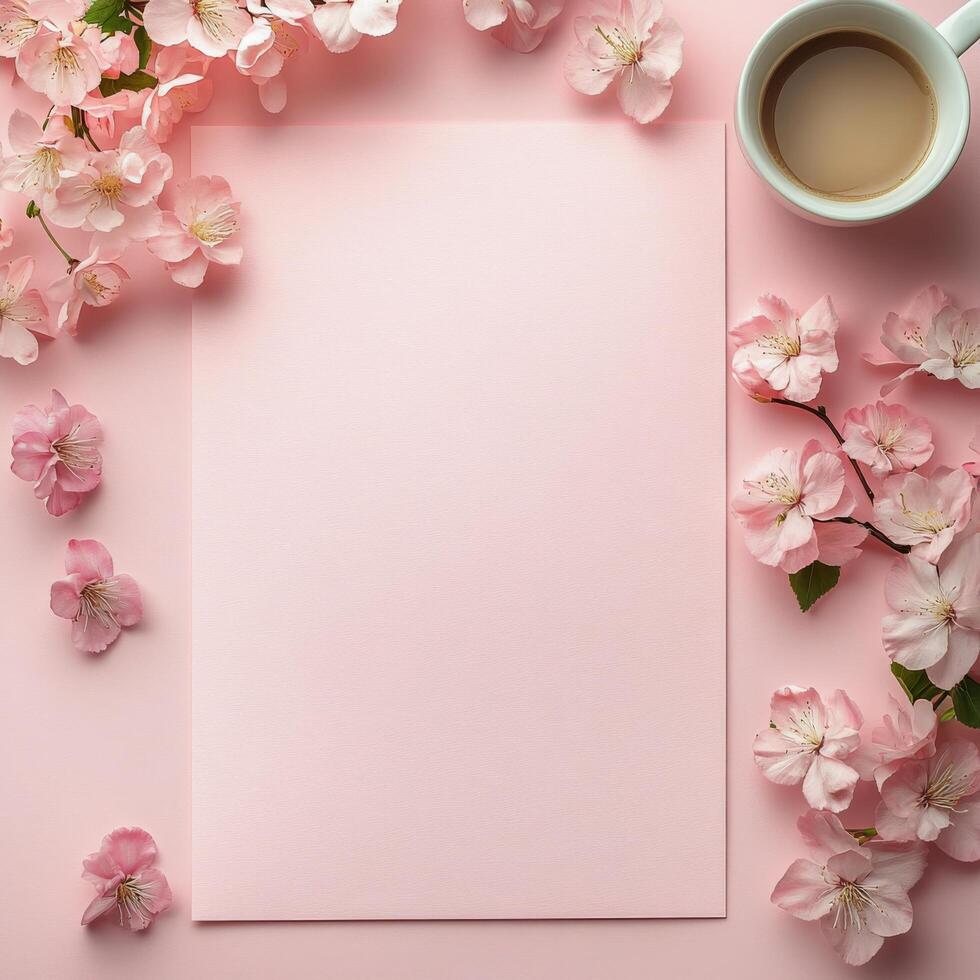 A pink paper on a workspace with flowers, a cup of coffee, and a laptop on a sunny day photo
