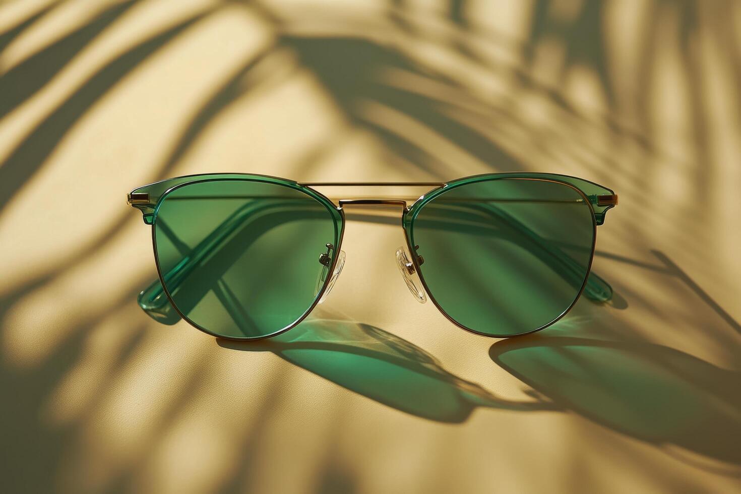 Stylish green sunglasses on a warm background with shadow patterns at midday photo