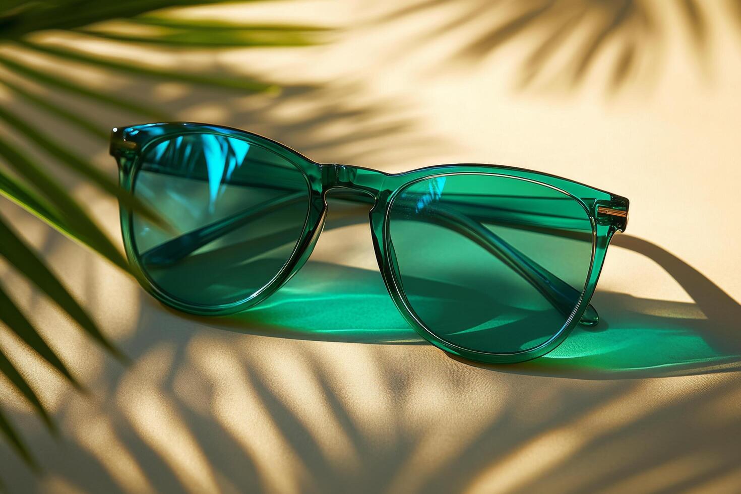 Stylish green sunglasses on a warm background with shadow patterns at midday photo