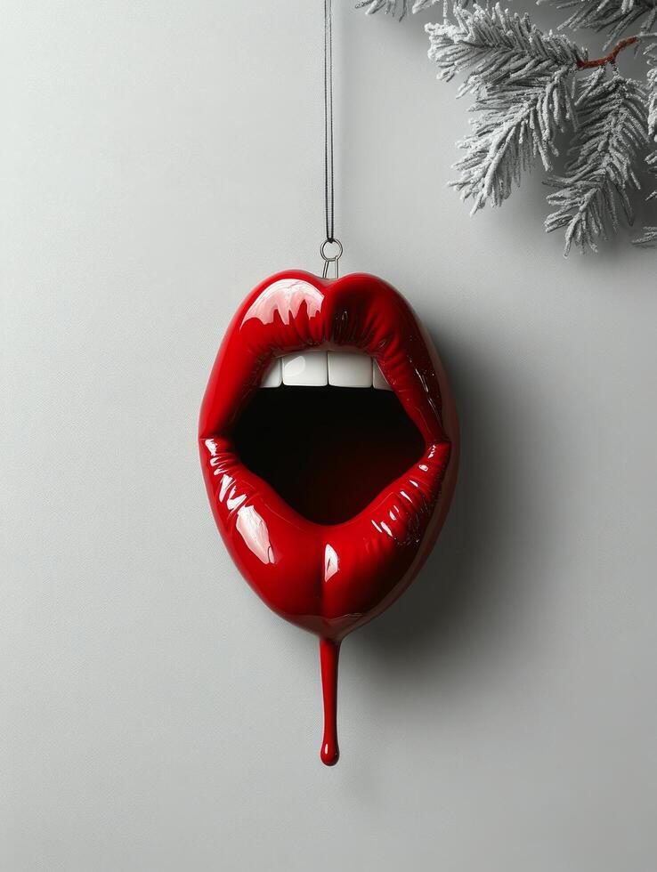 Red lip shaped ornament hanging from a branch with a striking design featuring open mouth photo