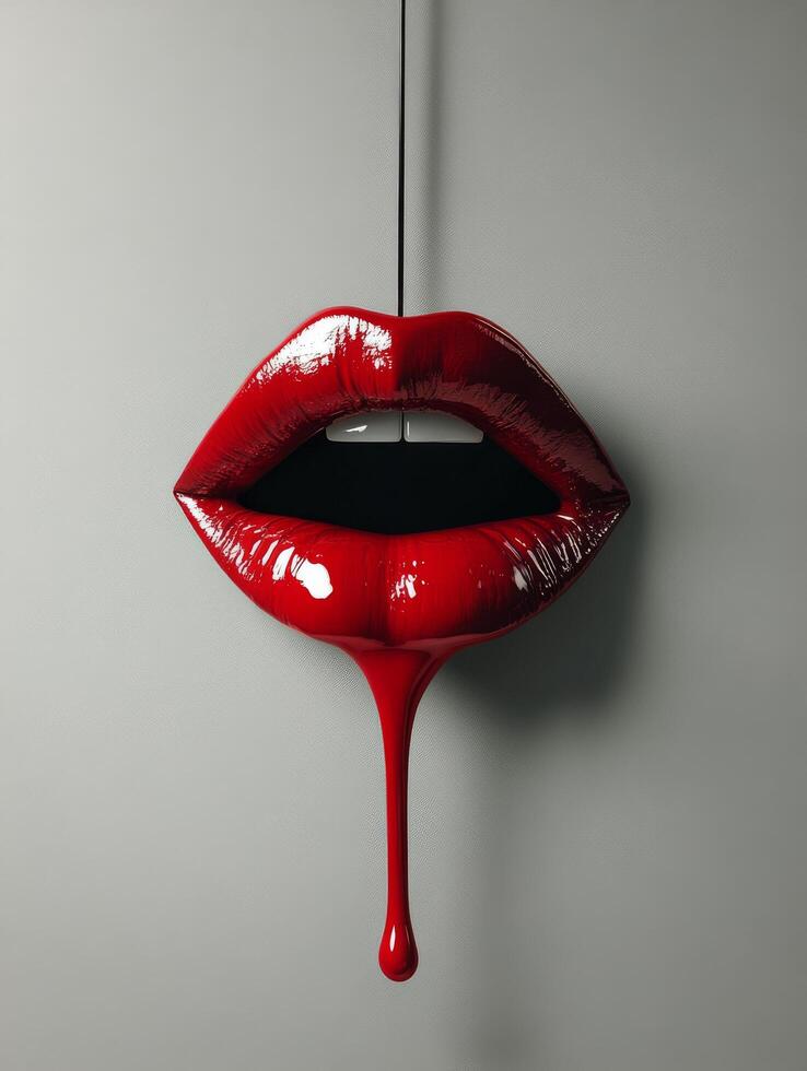 Red lip shaped ornament hanging from a branch with a striking design featuring open mouth photo
