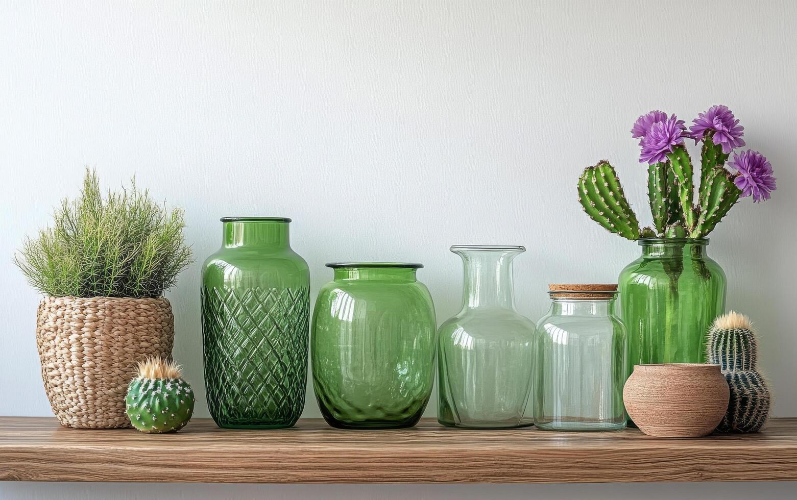 A serene arrangement of pastel vases with cacti and flowers on a wooden shelf in natural light photo