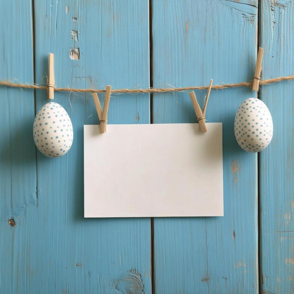 Colorful hanging Easter eggs with a blank card against a blue wooden background photo