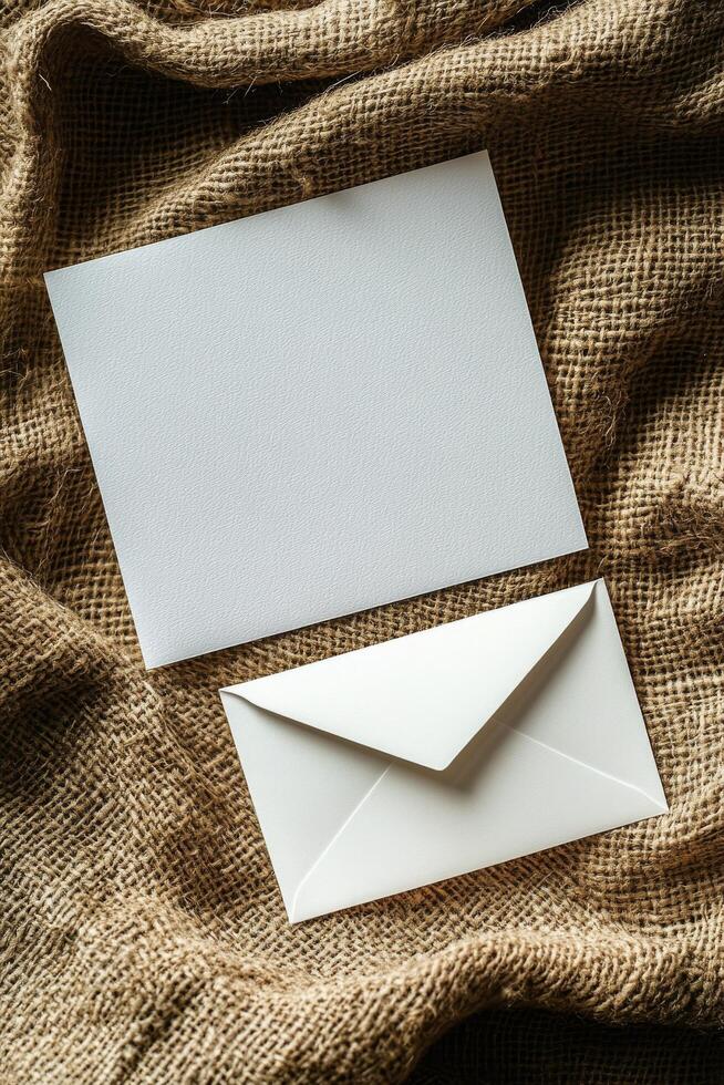 Minimalist blank card and envelope on textured fabric background for creative design projects photo