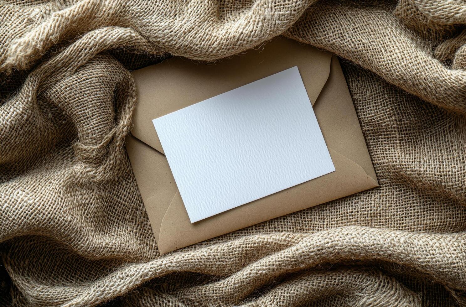 Blank card resting on textured burlap fabric creates a simple and rustic background composition photo