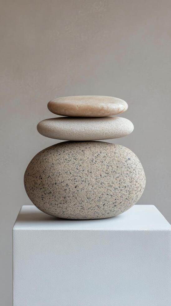 Elegant stone arrangement on a white pedestal showcasing minimalist design and natural textures photo