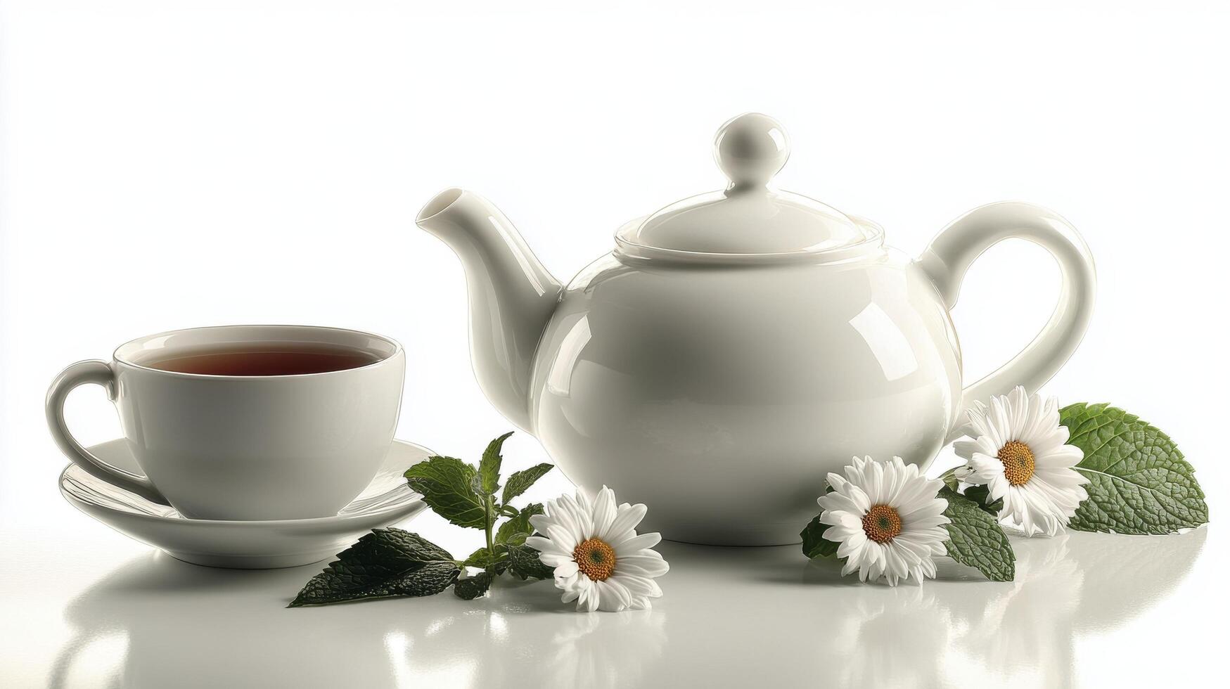 A tranquil tea setup with a teapot, cup, and fresh daisies arranged in a peaceful setting photo