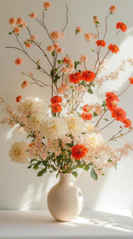 A simple vase with colorful flowers on a wooden table against a textured wall photo