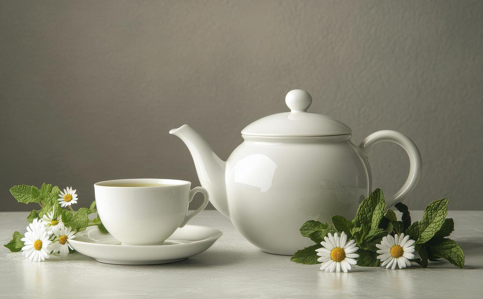 A white teapot with a cup and daisies, set on a light backdrop with green mint leaves photo