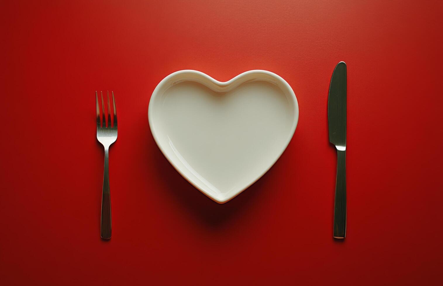 Heart shaped plate with black cutlery on a red background for a romantic dinner setting photo