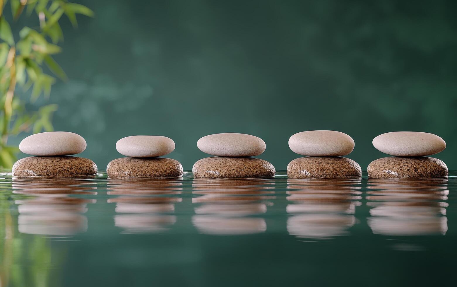 A tranquil stone arrangement in a serene indoor water setting with a green textured background photo