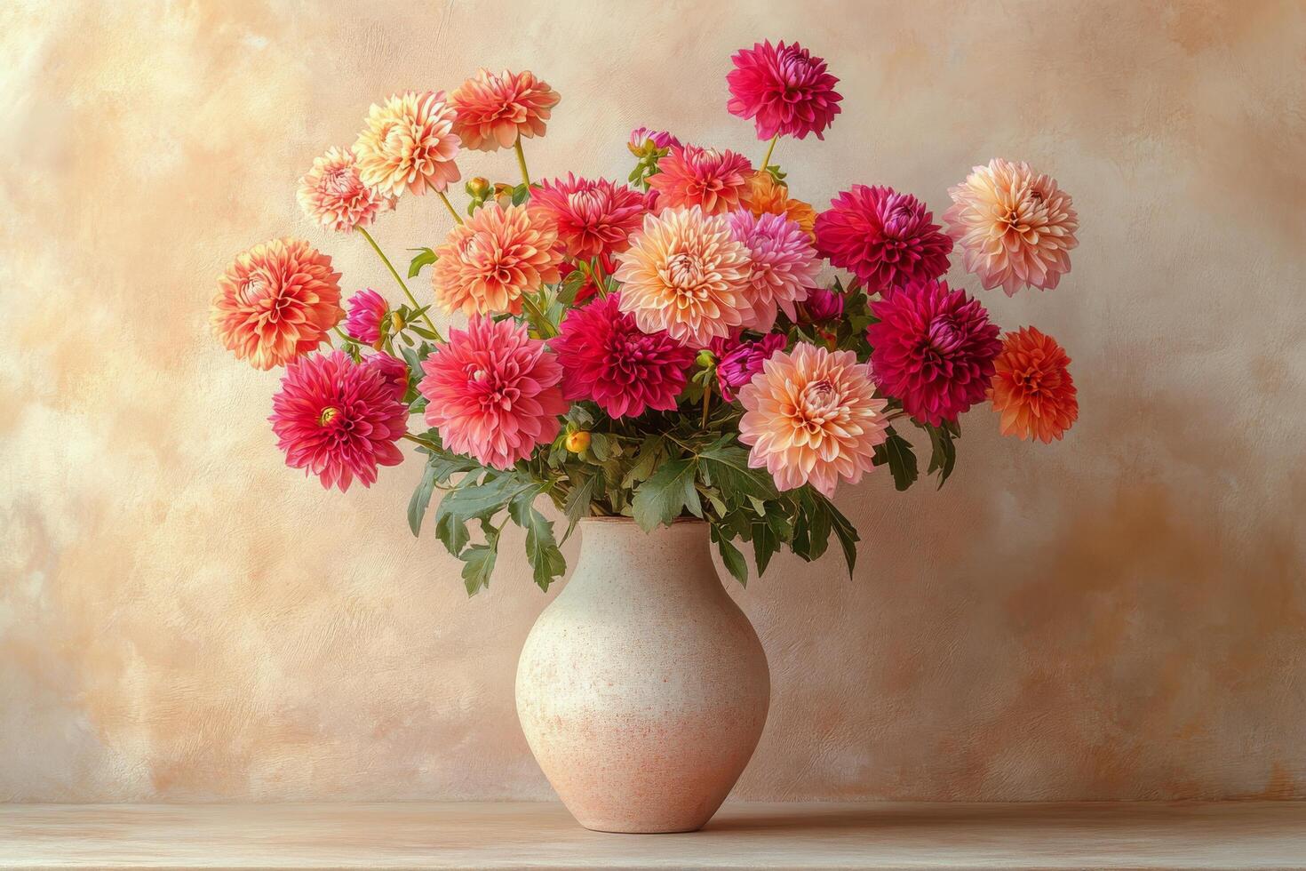 A vibrant arrangement of colorful dahlias in a simple vase on a textured background photo