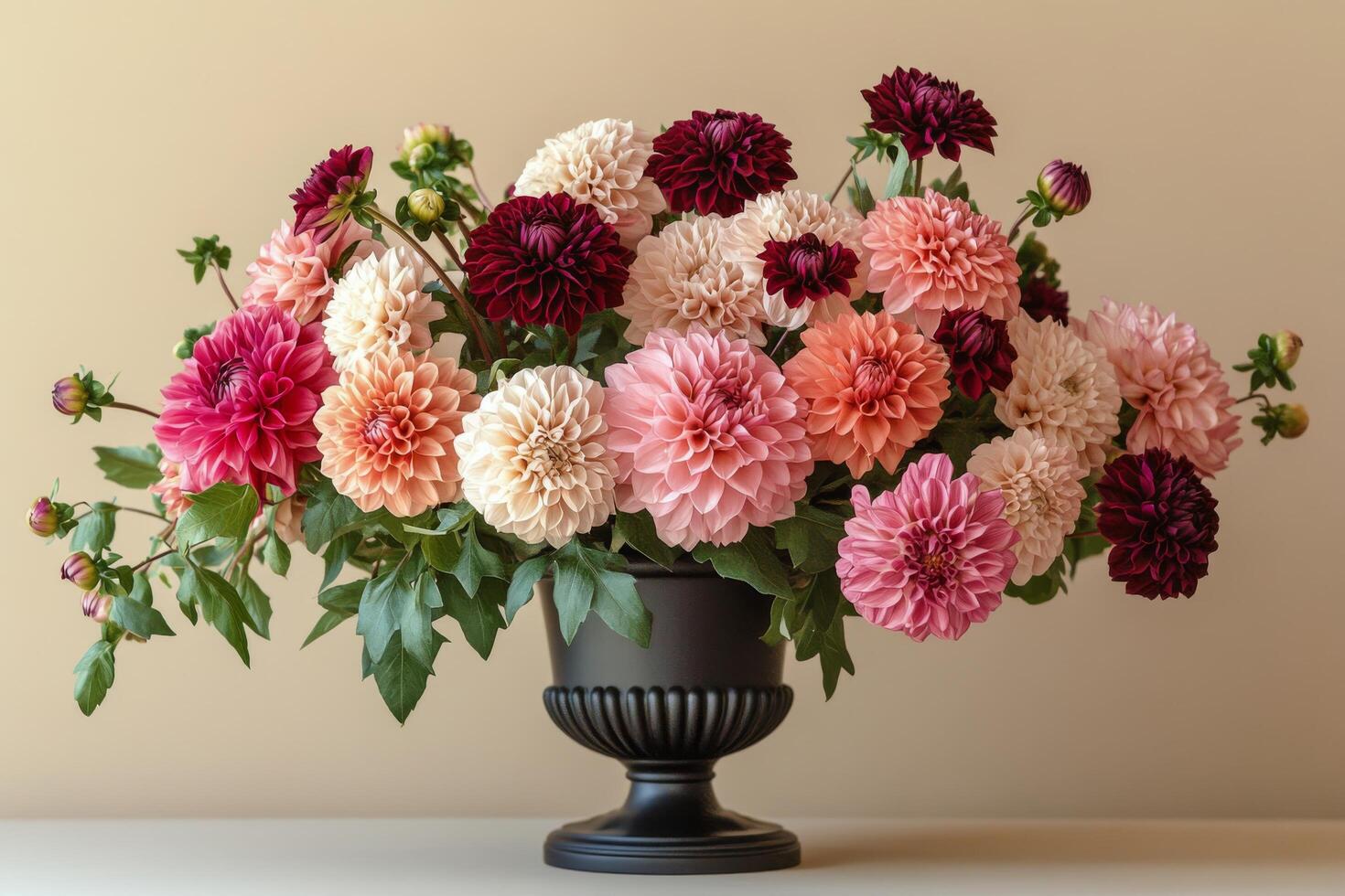 A vibrant arrangement of colorful dahlias in a simple vase on a textured background photo