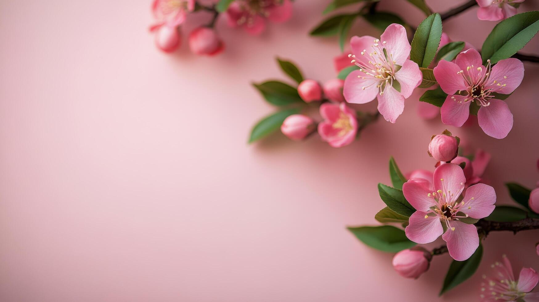 Delicate pink blossoms with green leaves arranged on a soft pink background in springtime photo