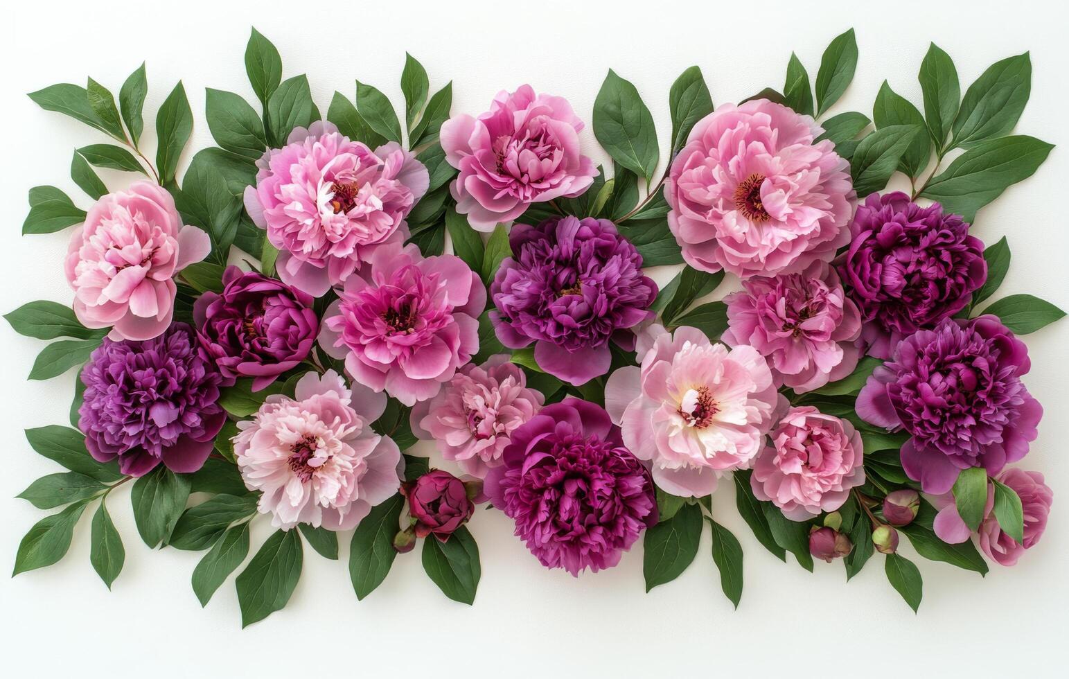 Beautiful arrangement of peonies in various shades on a clean background photo