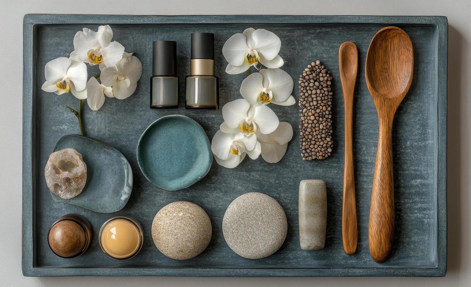 Elegant white orchids and spa products arranged on a soft blue surface for relaxation and beauty photo