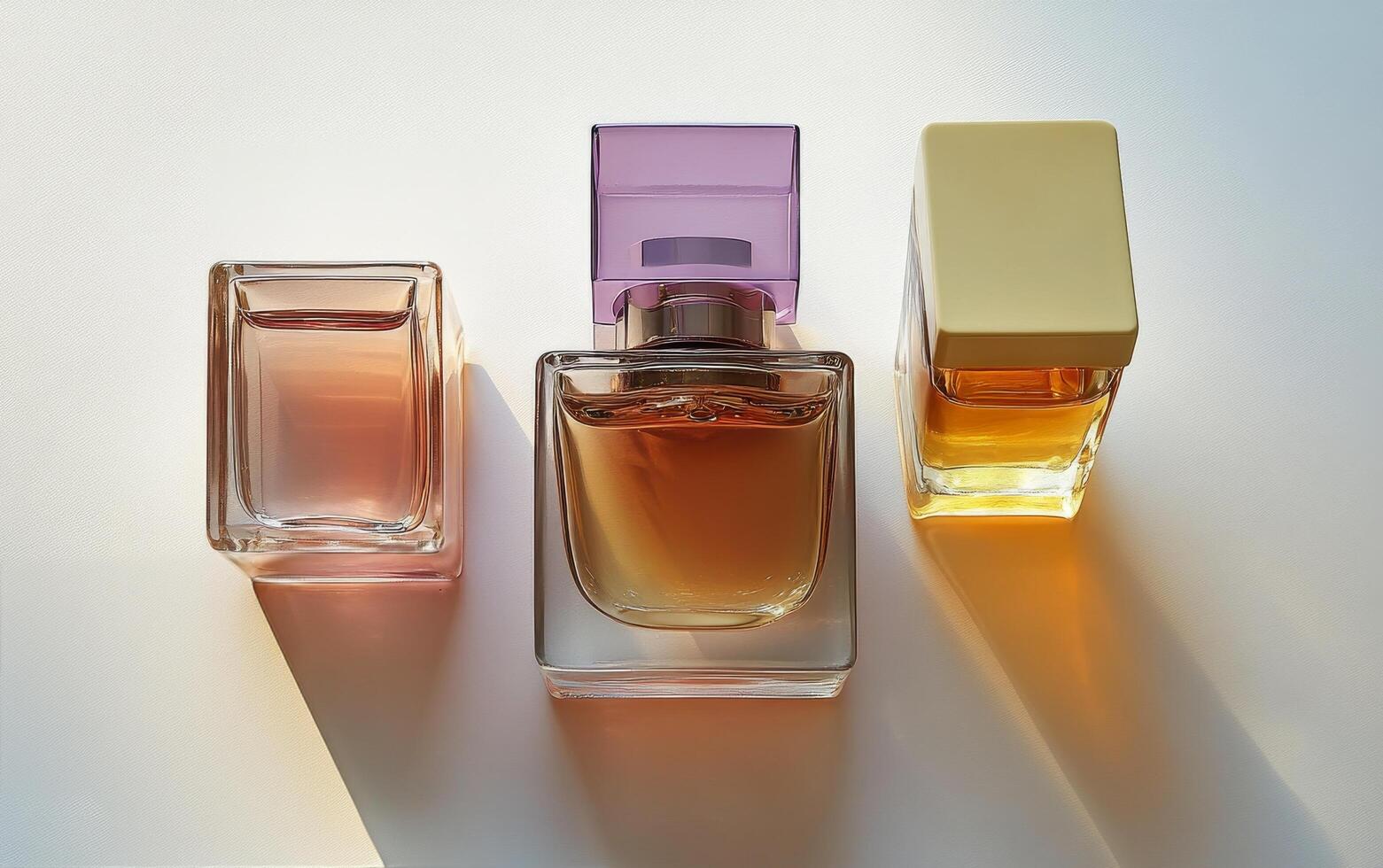 Elegant collection of three perfume bottles with soft lighting highlighting their unique designs photo