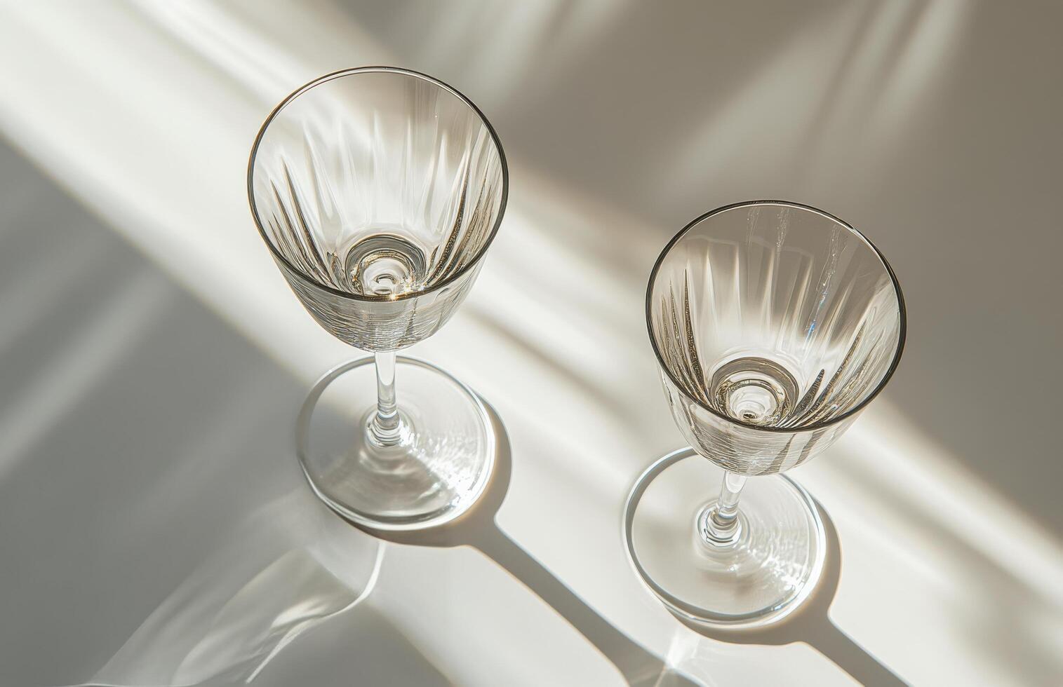 Elegant crystal glasses on a white surface with soft lighting during the afternoon photo