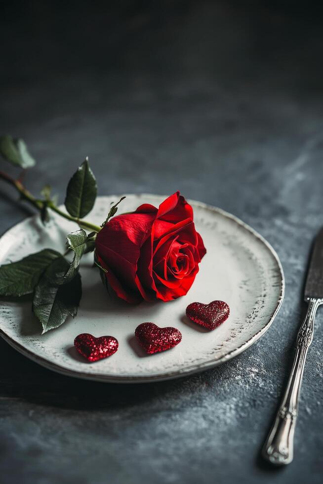 A red rose and sparkling hearts arranged on a plate for a romantic dinner setting photo