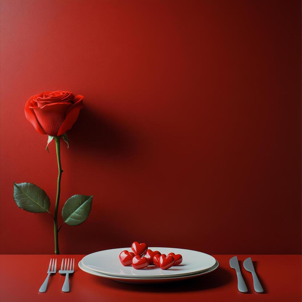 Romantic dinner setting with red rose and heart shaped decorations against a red backdrop photo