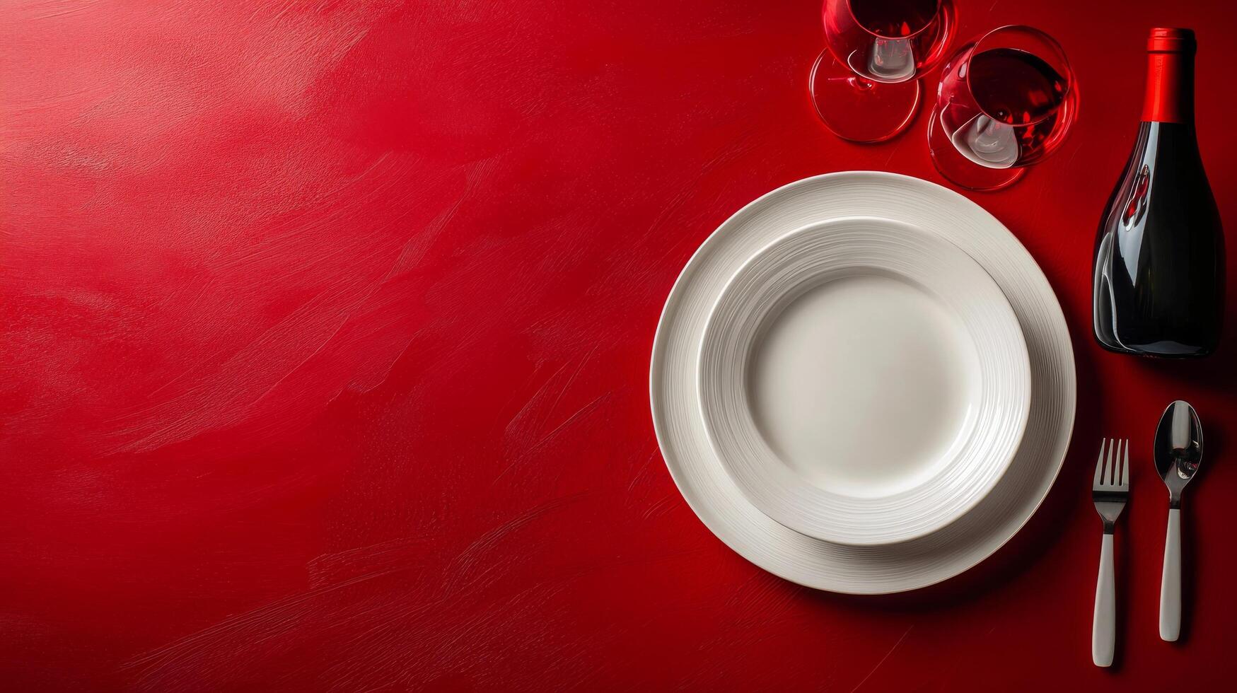 Elegant dining setup with wine glasses, plates, and a bottle against a rich red background photo