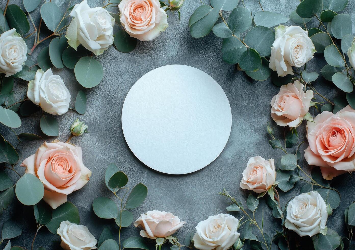 Elegant arrangement of light pink roses and greenery surrounding a blank circular canvas photo
