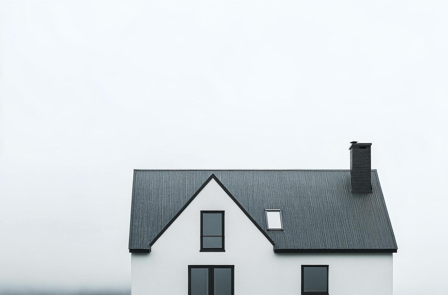 A minimalist white house with a sleek roof design against a cloudy sky in a serene landscape photo
