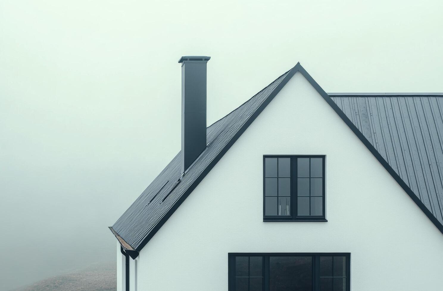 A minimalist white house with a sleek roof design against a cloudy sky in a serene landscape photo