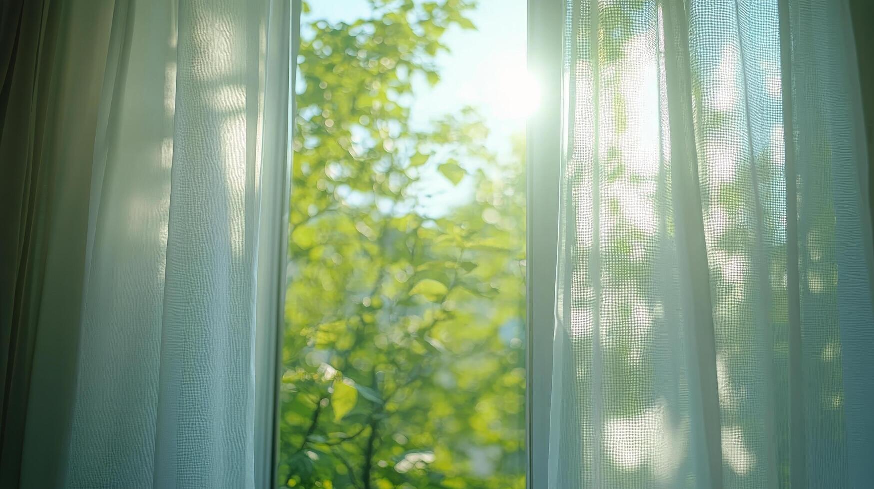 Sunlight streaming through sheer curtains illuminating houseplants in a cozy window setting photo