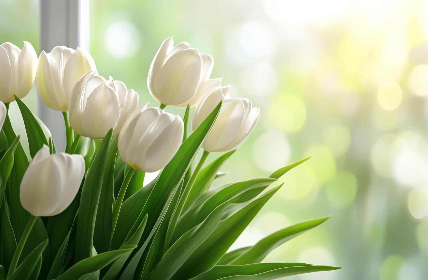 Fresh white tulips bloom near a sunny window with green foliage in the background photo