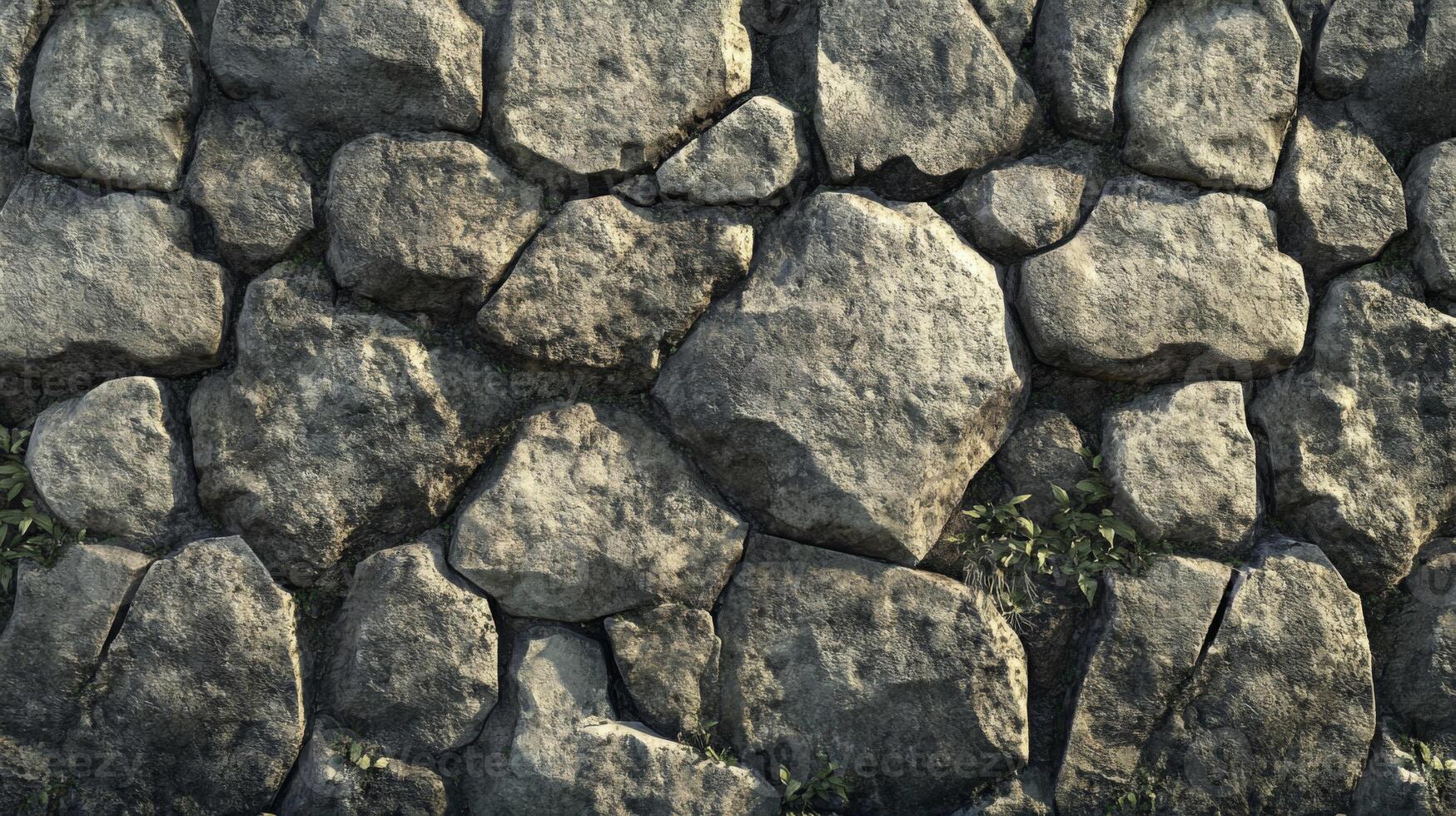 Close-up of a Rough Stone Wall with Green Patches photo