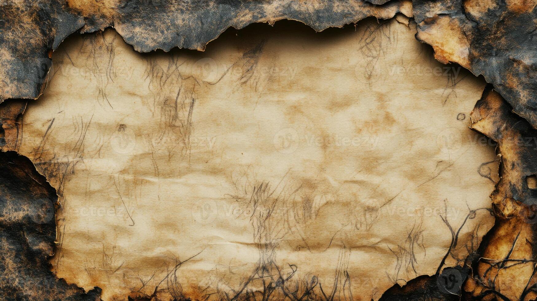 Burned Edges of a Worn and Creased Paper Sheet with Faded Pencil Drawings photo