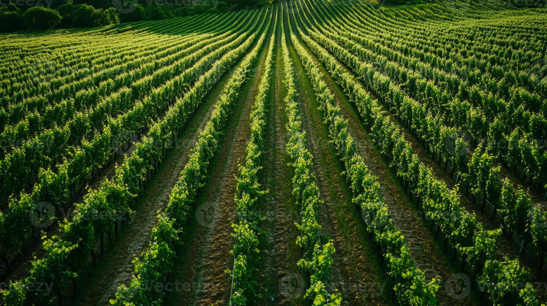 Lush Green Vineyard Rows in a Rolling Landscape photo