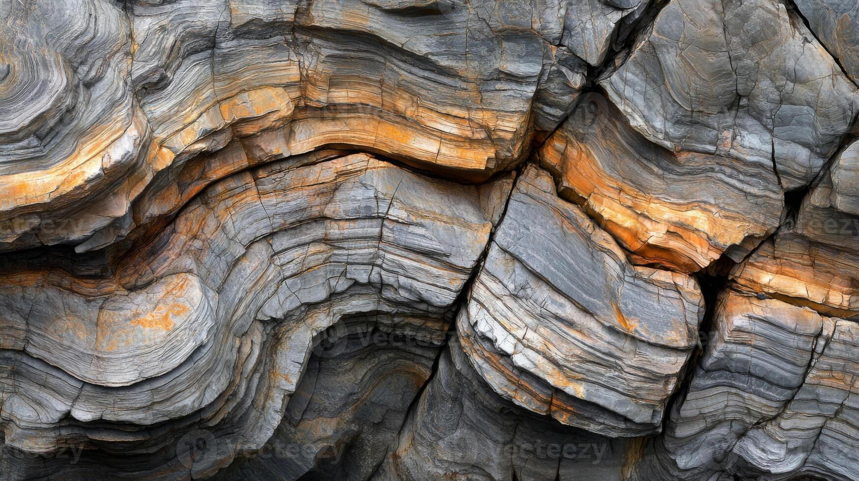 A Close-Up of Wavy, Layered, Gray and Orange Rock Formation photo